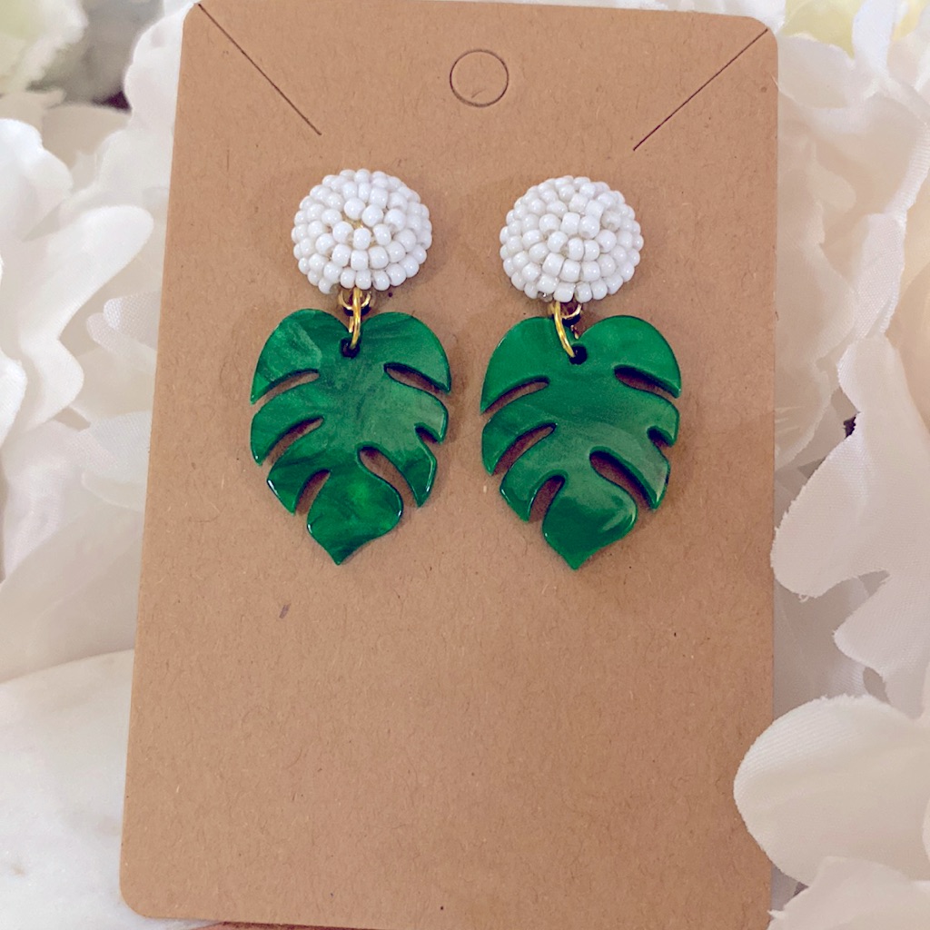 Beaded Post Monstera Leaf Dangly Earrings Nwt